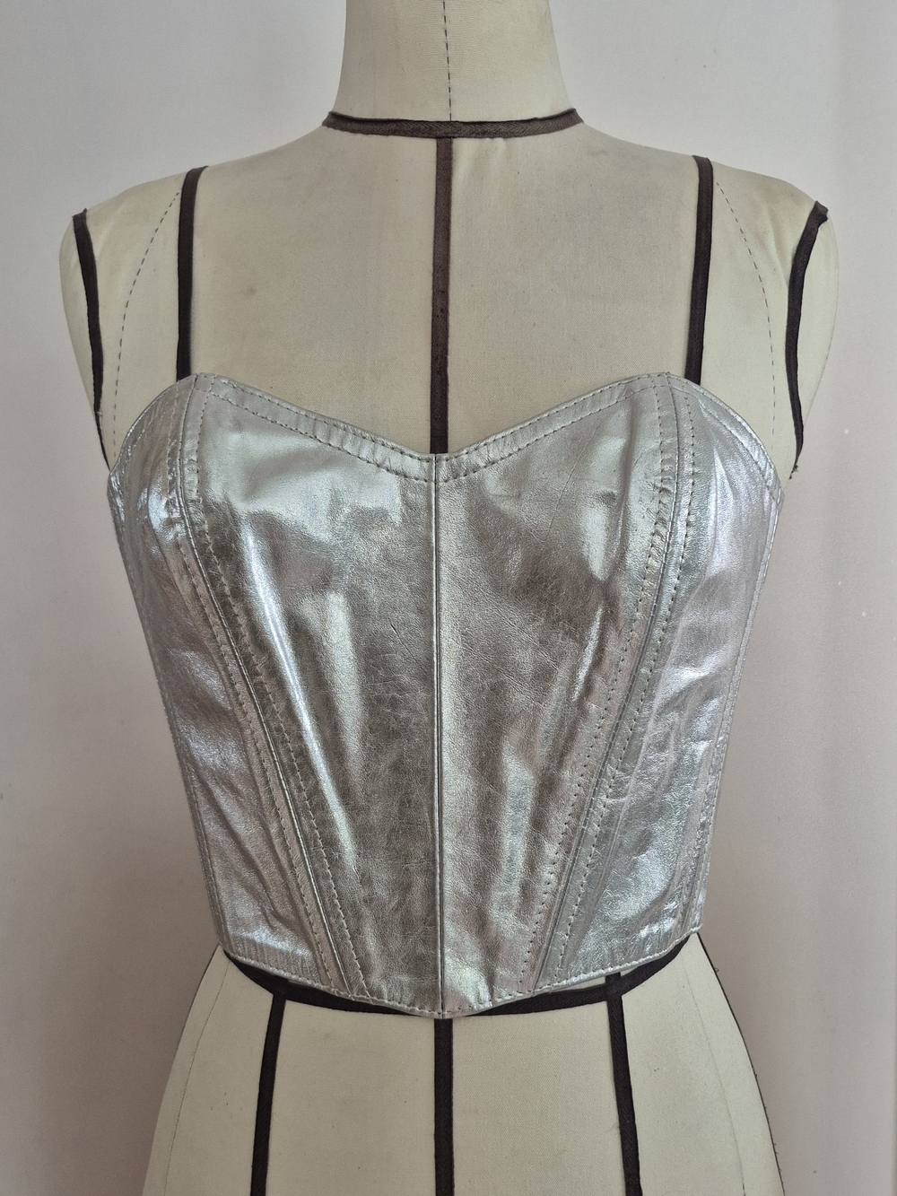 90s Guenine Leather Silver Metallic Bustier Corset Top